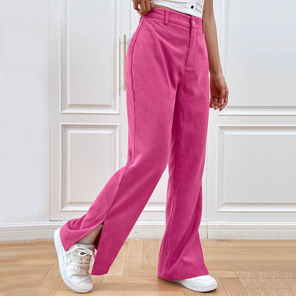 CORDUROY CASUAL STRAIGHT PANTS WITH SLIT BOTTOMS