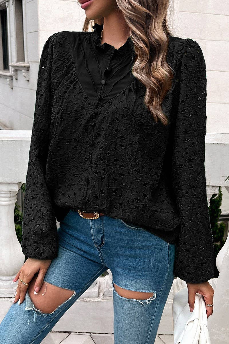 CWTSTL2732_ELEGANT HOLLOW PUFF SLEEVE EMBROIDERED TOP