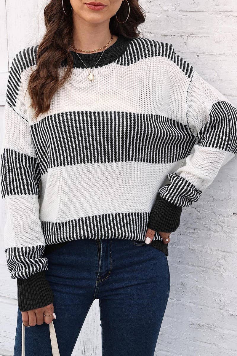 CWOSWL07341_WOMEN CASUAL COLOR BLOCK STRIPED KNIT SWEATER
