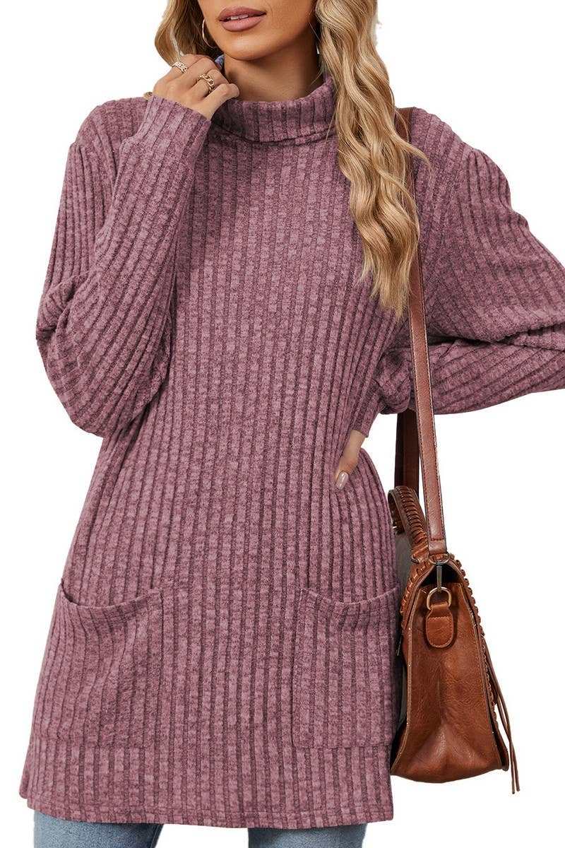 CWTBLL2364_HALF TURTLENECK LONG SLEEVE CASUAL POCKET TOP