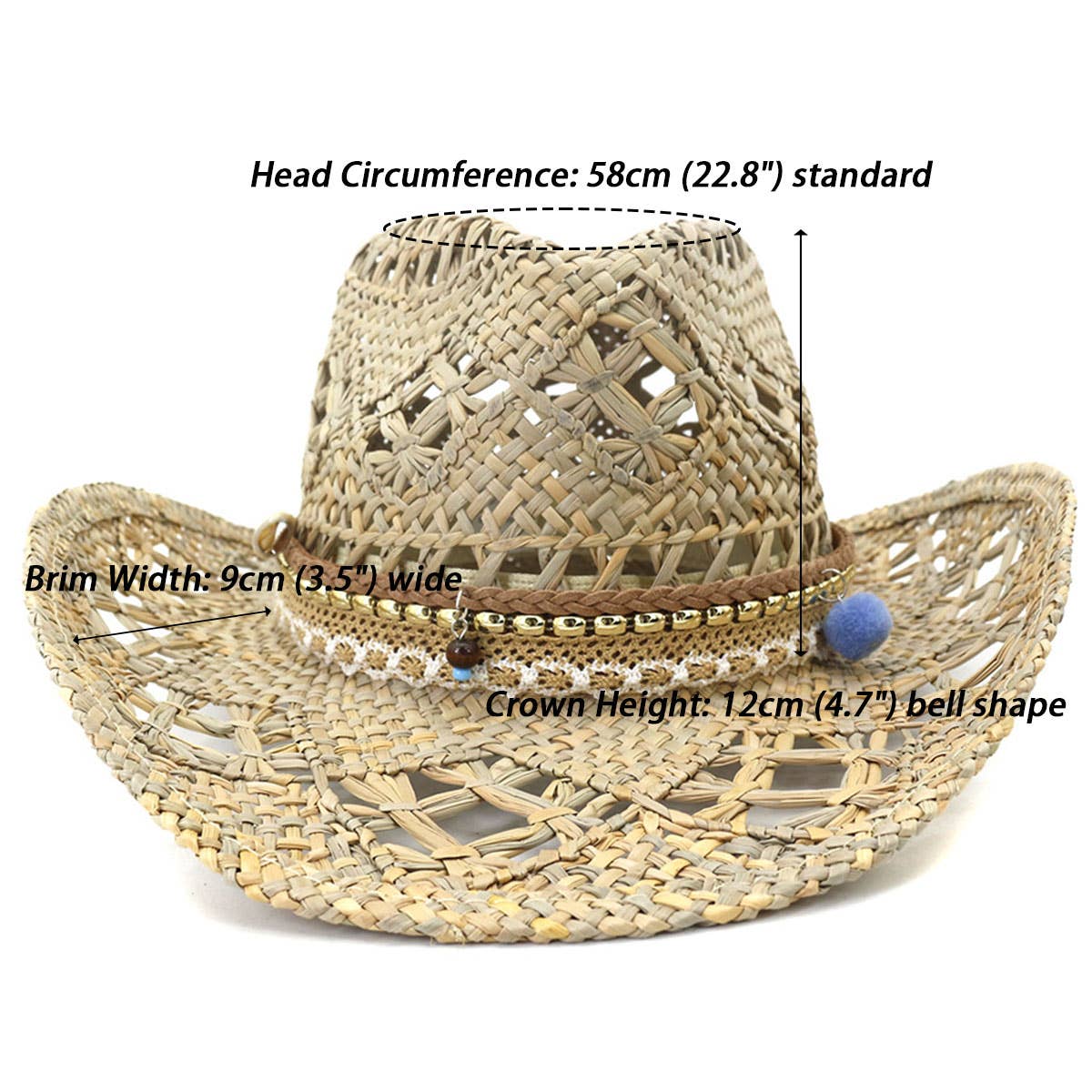 Beaded Rope Handmade Seagrass Cowboy Sun Hat_CWAH1251