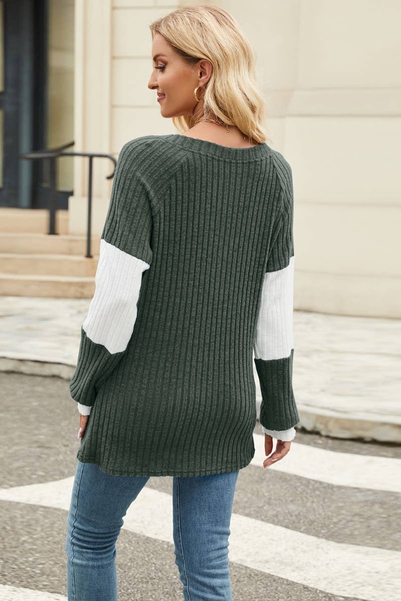 CWOSWL4448_DEEP V LONG SLEEVE COLOR BUTTON-UP SWEATER