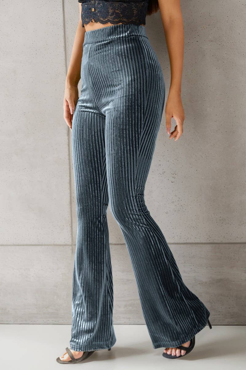 CWBLP00948_CASUAL STRIPED FLARED RIBBED SLIM FIT PANTS