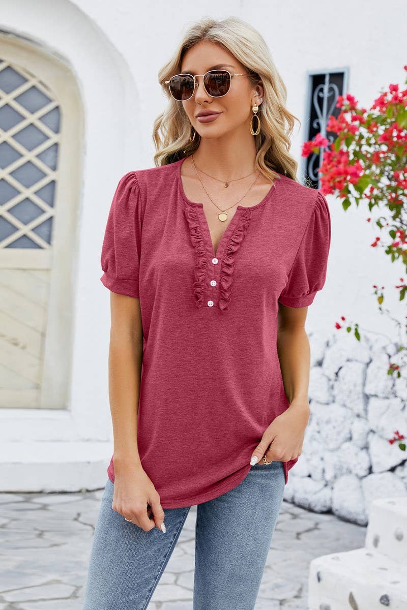 CWTBLS0888_V-NECK BUTTON-UP SHORT-SLEEVED TOP