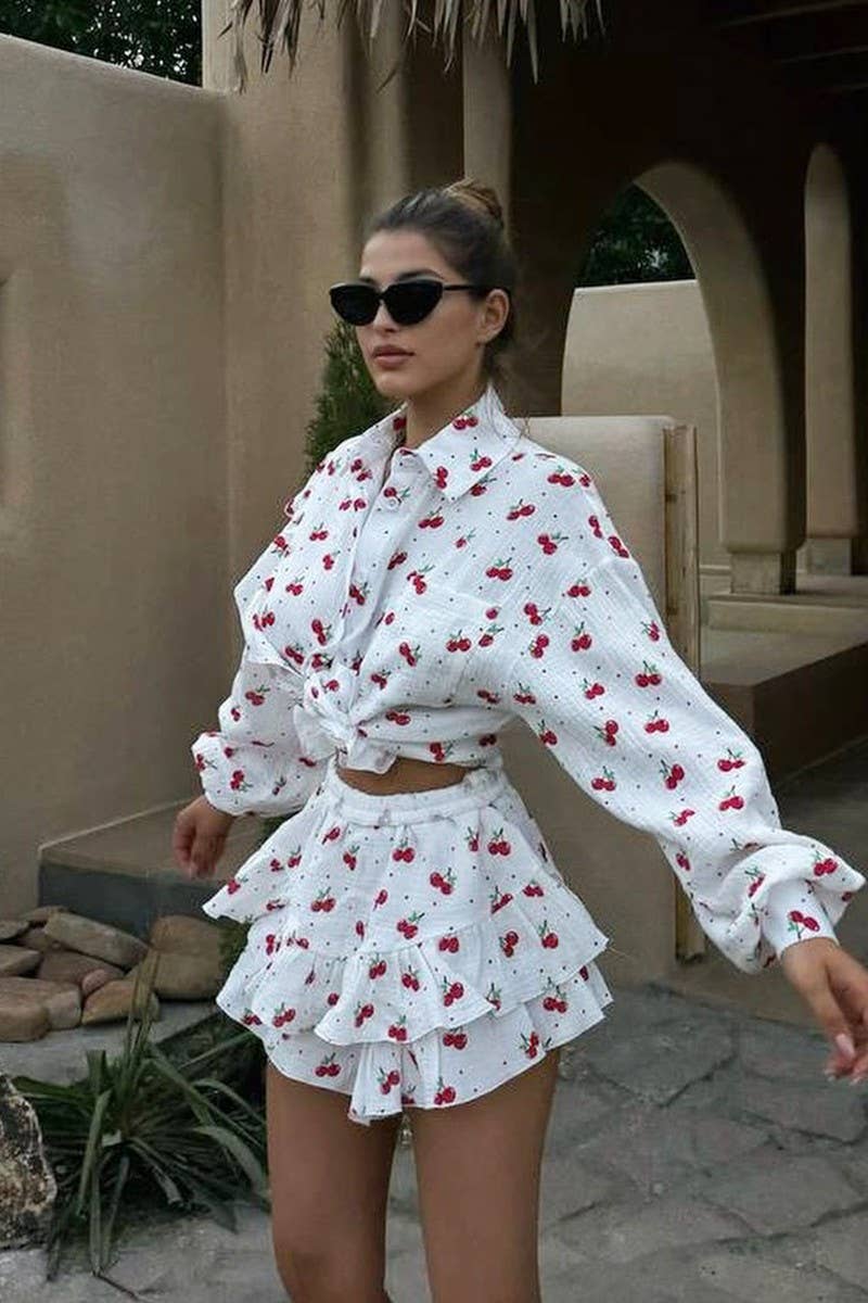 CWSTB1809_COTTON FLORAL RUFFLE SHIRT & SHORTS SET