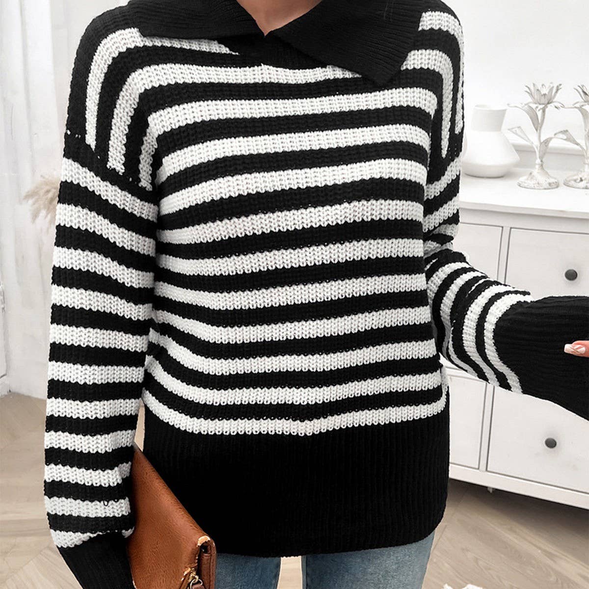 Casual baggy lapel striped long-sleeved sweater