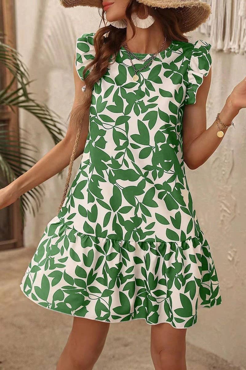 CWDSD7520_NEW SUMMER FLYING SLEEVE RUFFLED PRINT DRESS