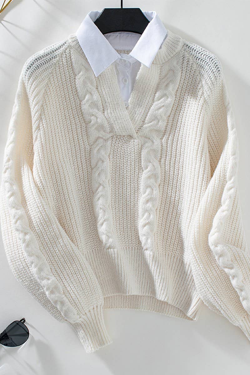 CWOSWL2876_SHIRT COLLAR STITCHING FAKE TWO-PIECE SWEATER