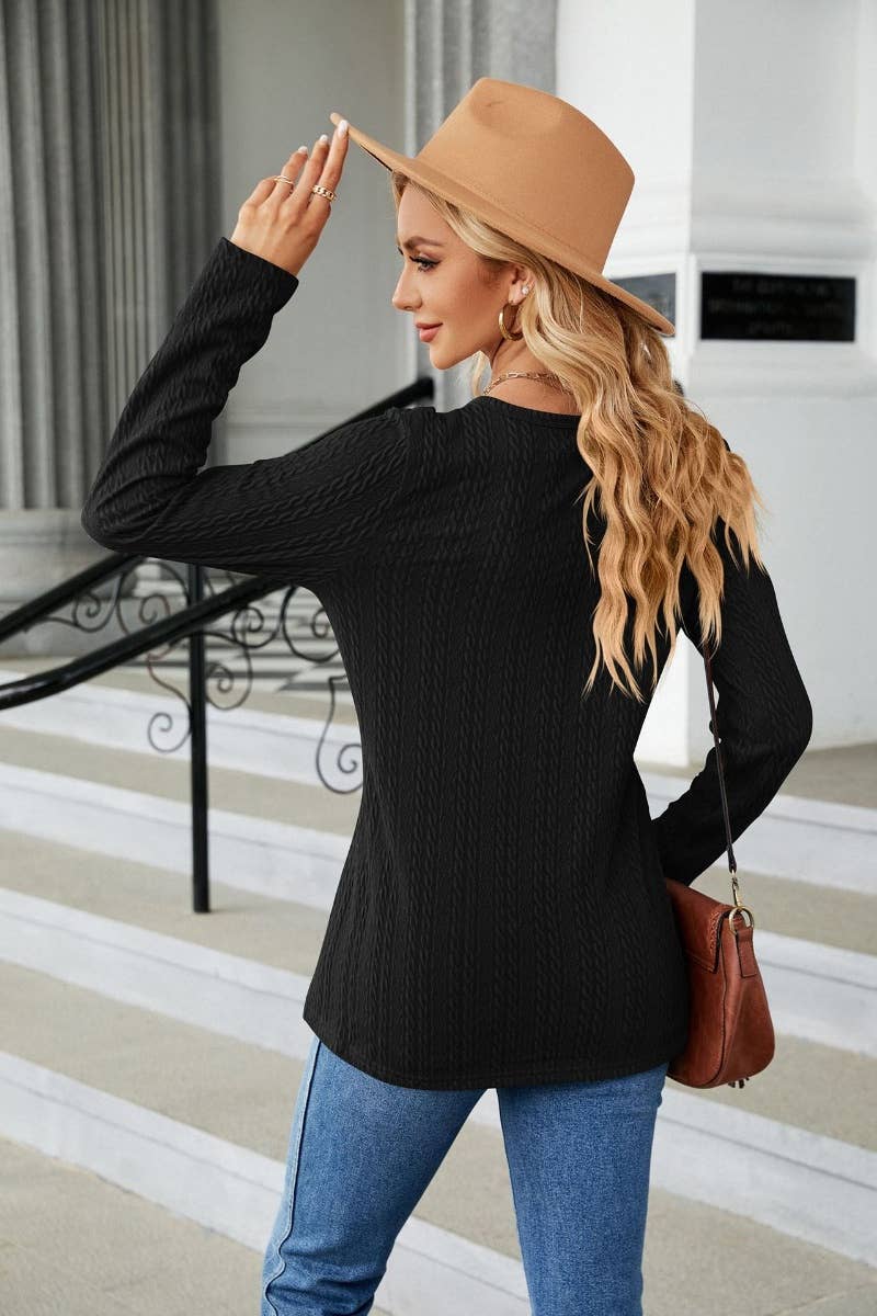CWTBLL2807_WINTER V-NECK BUTTON-UP LONG-SLEEVED TOP