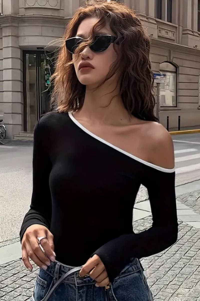 CWTBLL3438_OFF-SHOULDER LONG-SLEEVED T-SHIRT TOP