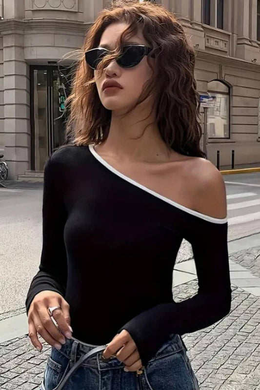 CWTBLL3438_OFF-SHOULDER LONG-SLEEVED T-SHIRT TOP