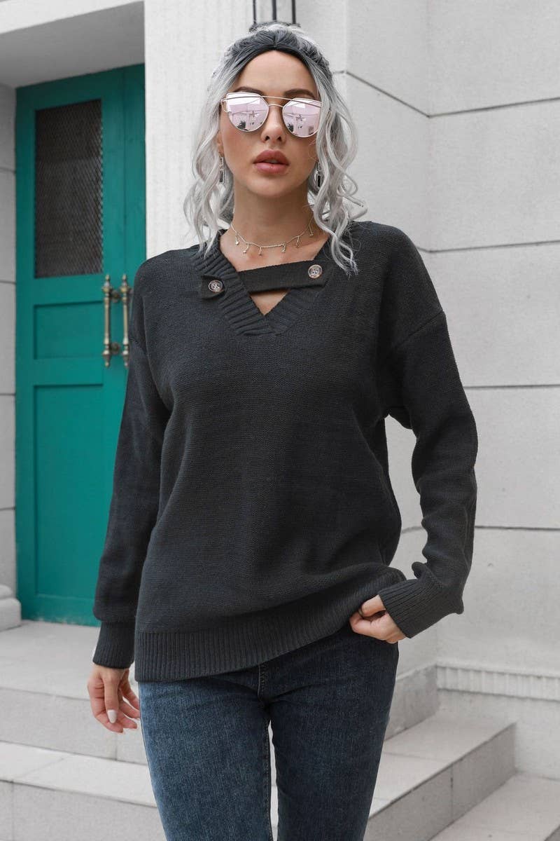 CWOSWL4149_V-NECK BUTTON LOOSE PULLOVER KNIT SWEATER