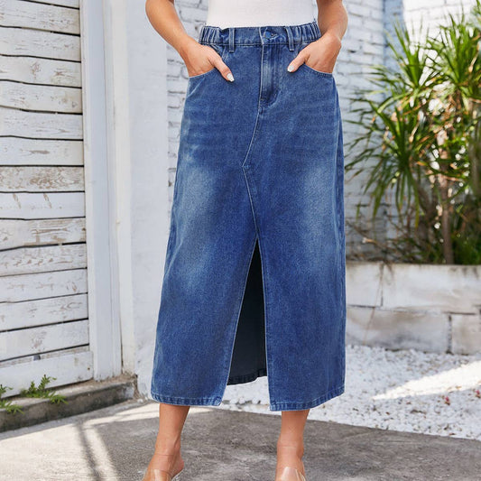 ELASTIC-WAISTED SLIT DENIM SKIRT