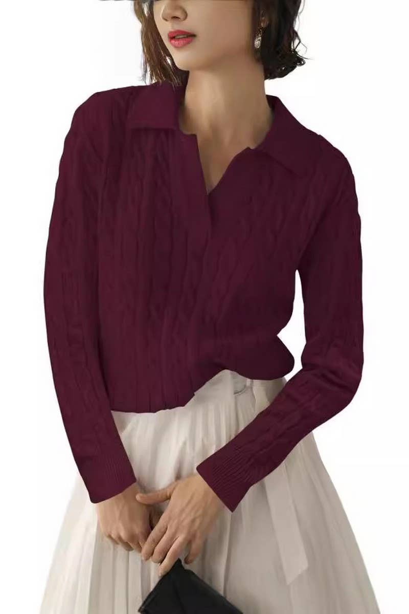 CWOSWL6382_SOLID COLOR LAPEL V-NECK CABLE KNIT PULLOVER