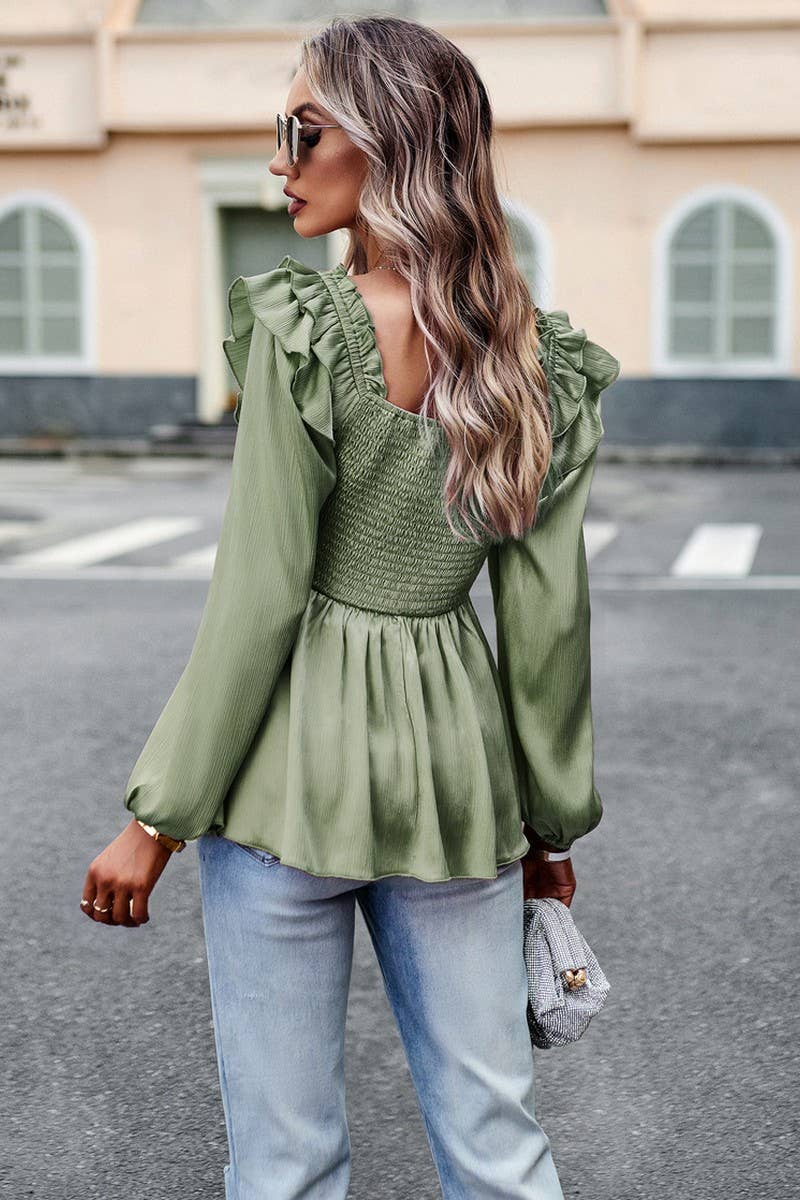 CWTBLL0397_Squre Neck Puff Sleeve Smocking Detailed Blouse