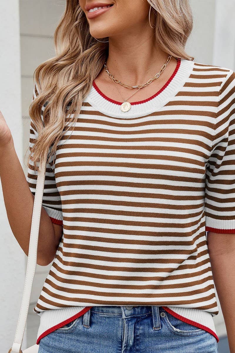 CWTBLS02495_STRIPED KNITTED ICE SILK SHORT-SLEEVED TOP