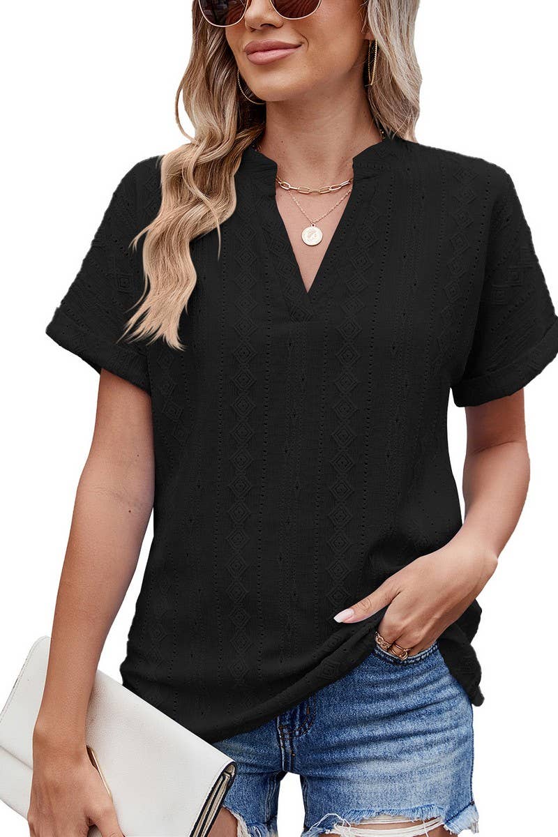 CWTTS1335_SUMMER JACQUARD V-NECK SHORT SLEEVE LOOSE T-SHIRT
