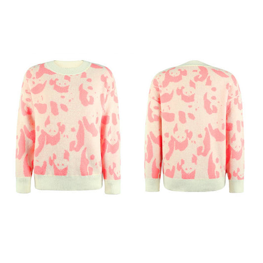 COLOR-CONTRAST ANIMAL PRINT CREW NECK SWEATER