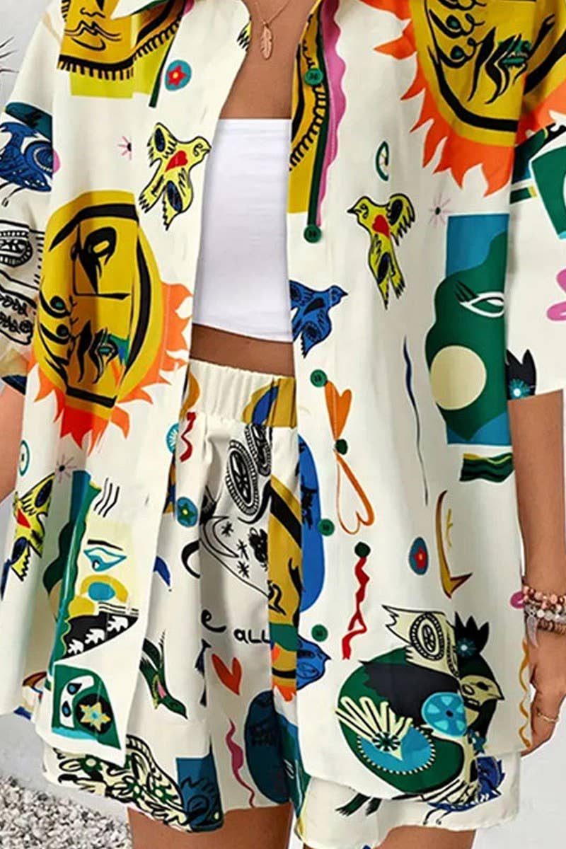 CWSS1119_CONTRAST COLOR CASUAL GRAFFITI PRINT TWO-PIECE