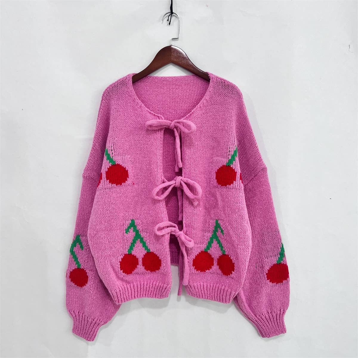 Cherry embroidery jacquard lace-up cardigan