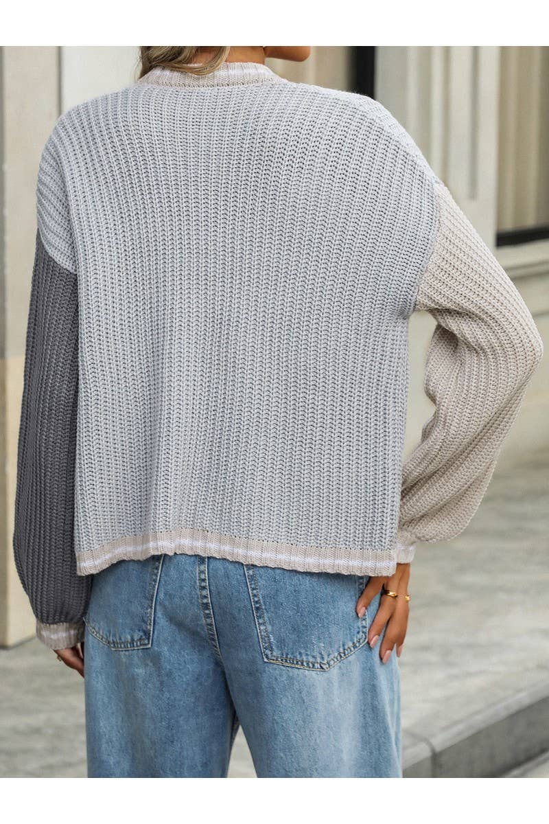 CWOSWL2462_Color Matching Long Sleeved Knit Sweater Cardigan