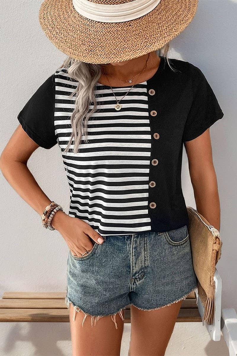 CWTTL1707_STRIPED PATCHWORK SHORT-SLEEVED T-SHIRT