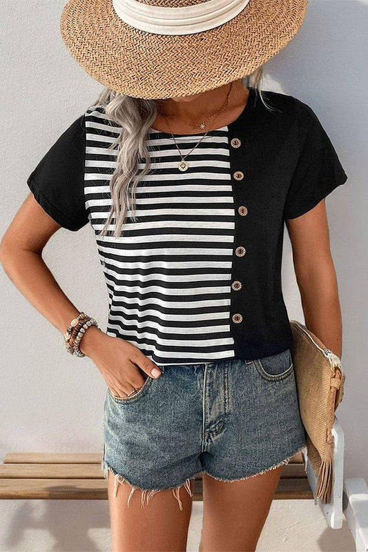 CWTTL1707_STRIPED PATCHWORK SHORT-SLEEVED T-SHIRT