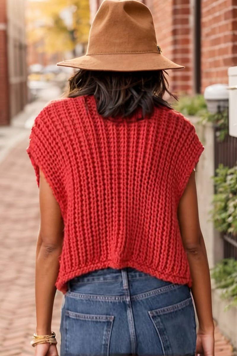 CWOV0762_SOLID COLOR SLEEVELESS V-NECK CHUNKY KNIT VEST