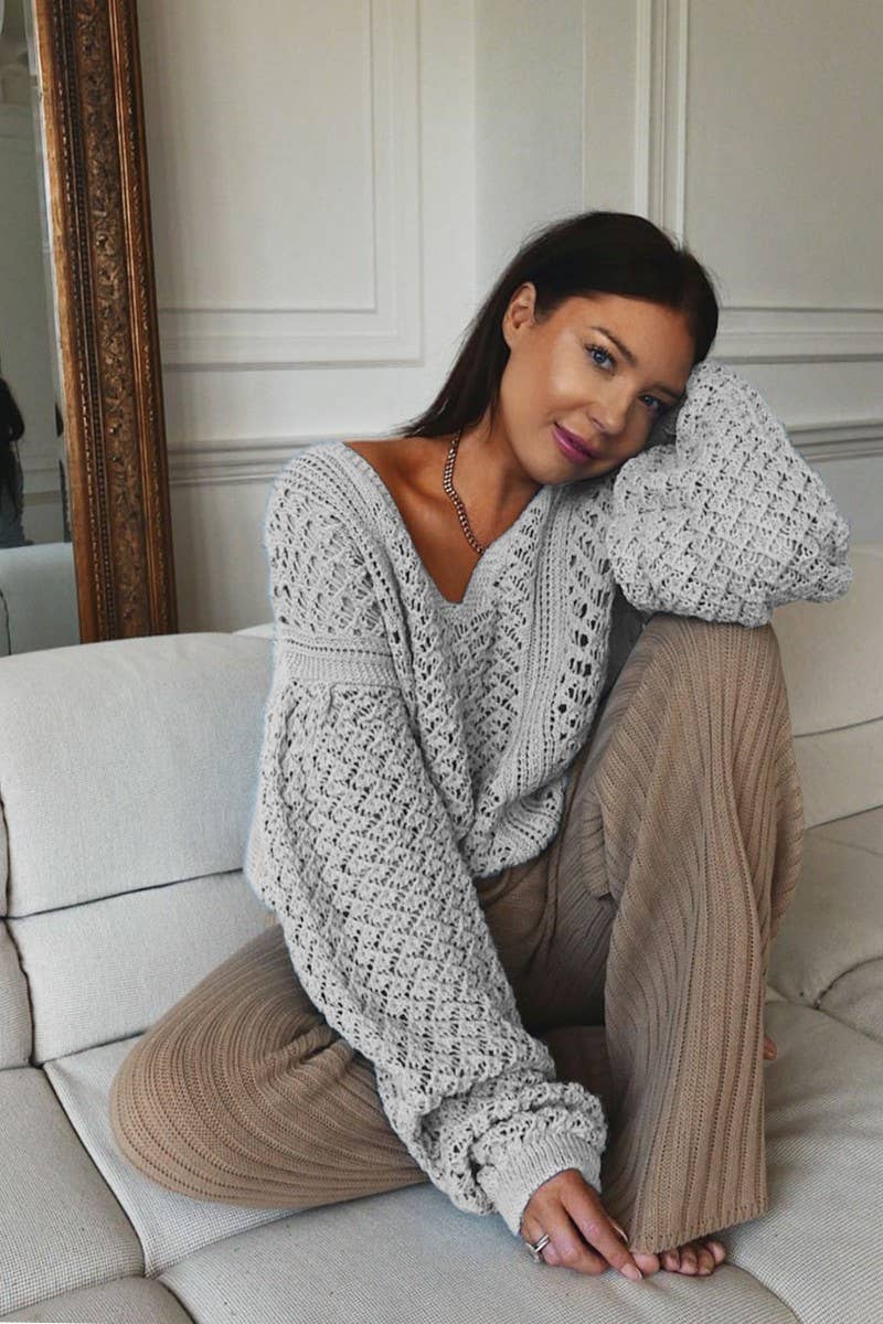 CWOSWL3168_HOLLOW V-NECK KNITTED CROCHETED SWEATER