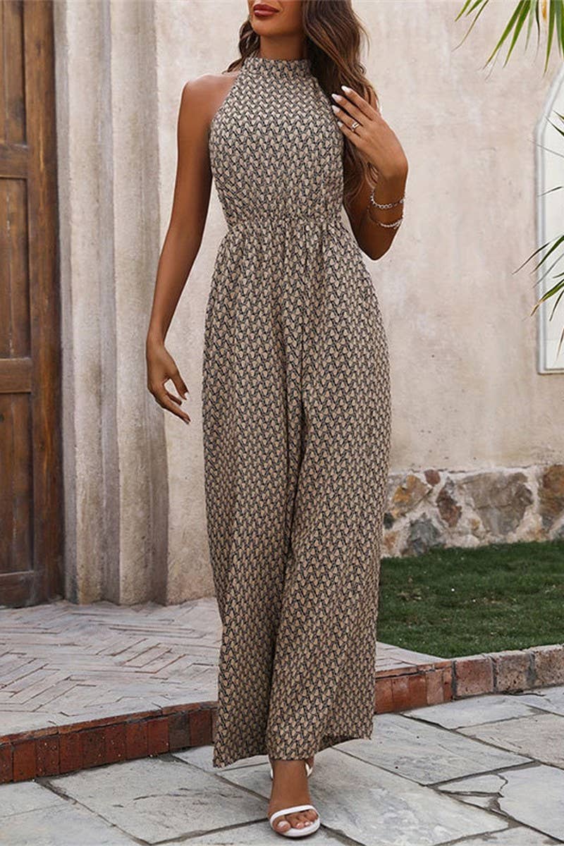 CWSJS1520_ELASTIC WAIST HIGH COLLAR HALTER JUMPSUIT