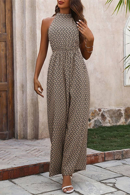 CWSJS1520_ELASTIC WAIST HIGH COLLAR HALTER JUMPSUIT