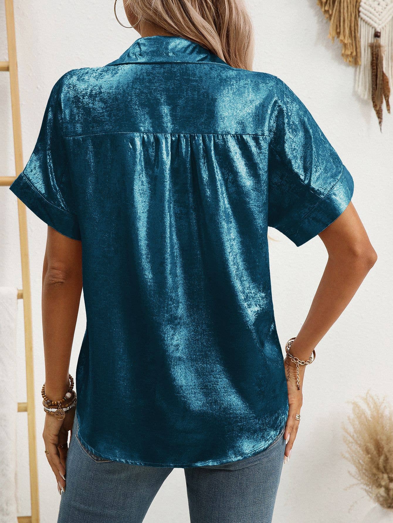 Casual loose short-sleeved lapel metallic shirt