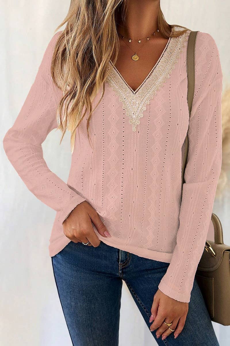 CWTBLL2483_V-NECK LACE PATCHWORK LONG-SLEEVED TOP