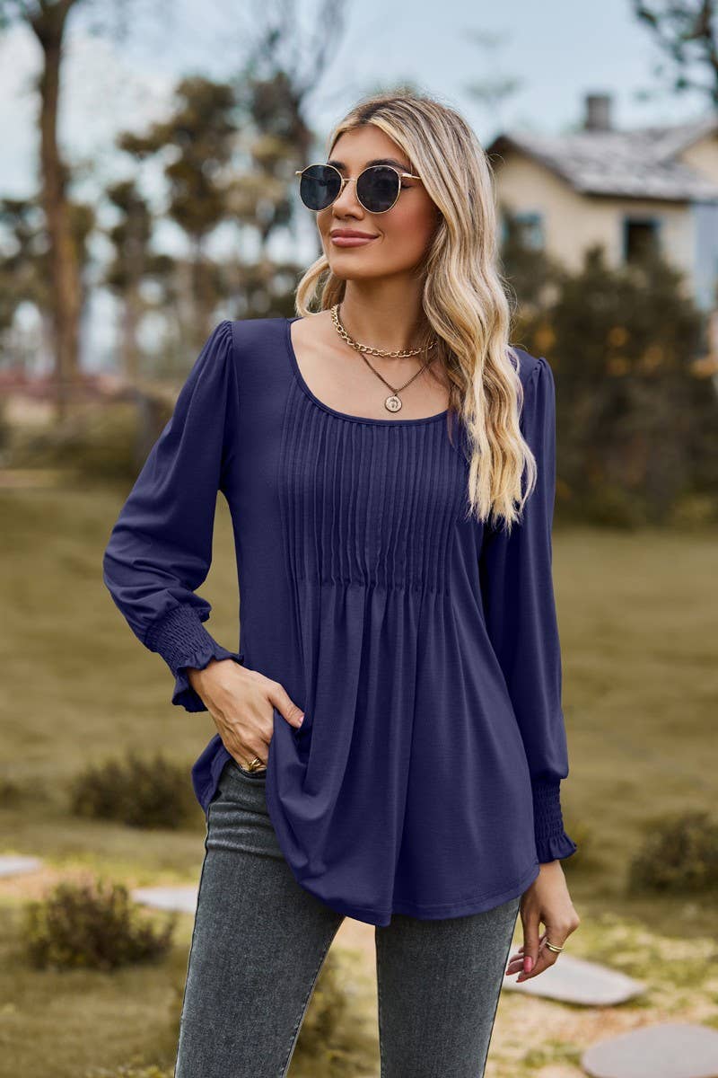 CWTBLL3687_NEW AUTUMN SOLID COLOR ROUND NECK DRAW CUFFS TOP