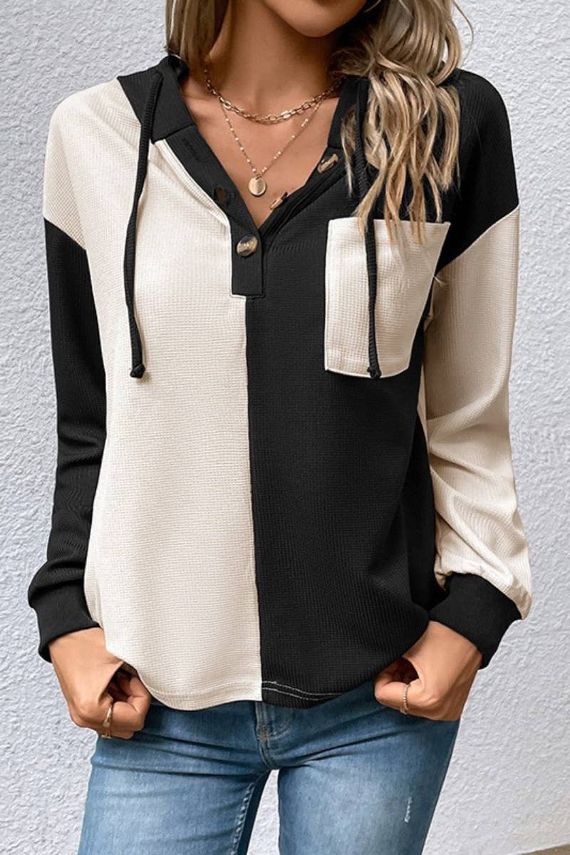 CWOHOL1014_COLOR CONTRAST POCKET HOODED LONG-SLEEVED HOODIE