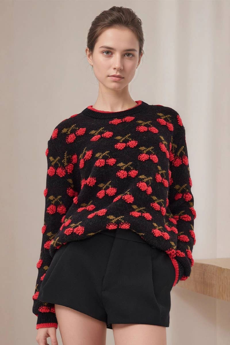 Christmas cherry jacquard pullover knit sweater