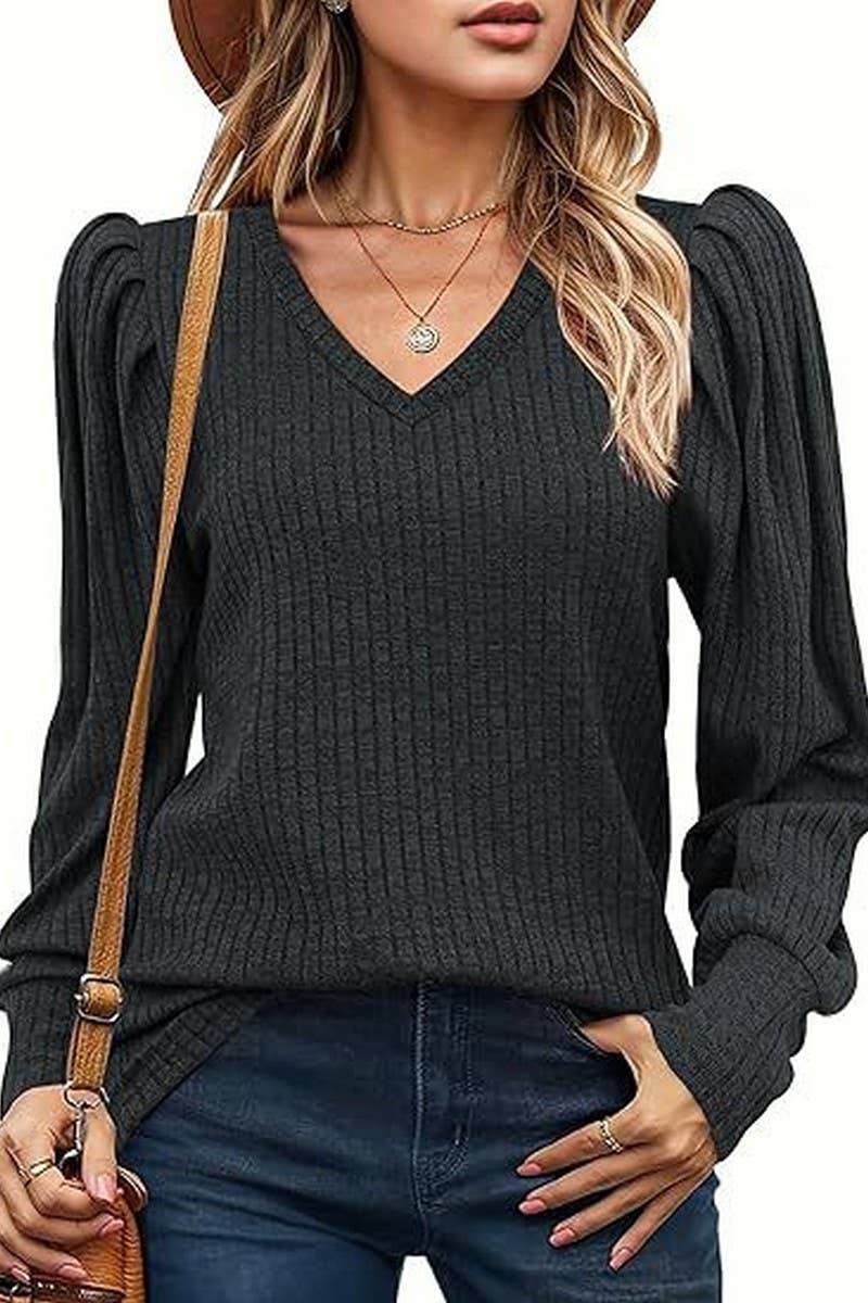 CWTBLL01073_V-NECK LONG-SLEEVED PUFF-SLEEVED TOP