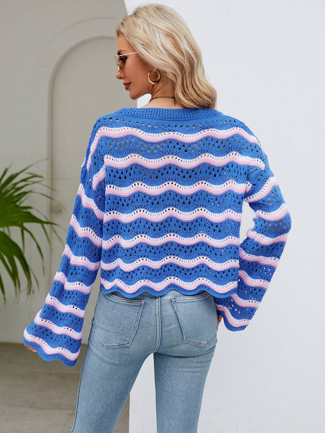 Cut-out short crop knit striped sweater