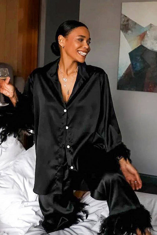 CWSPJ0320_SATIN STITCHING FEATHER PAJAMAS TWO-PIECE SET