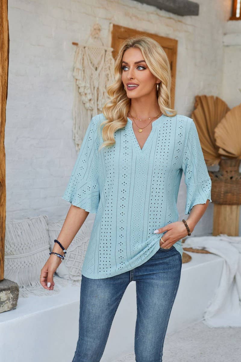 CWTTS00711_LOOSE V-NECK THREE-QUARTER SLEEVE TOP