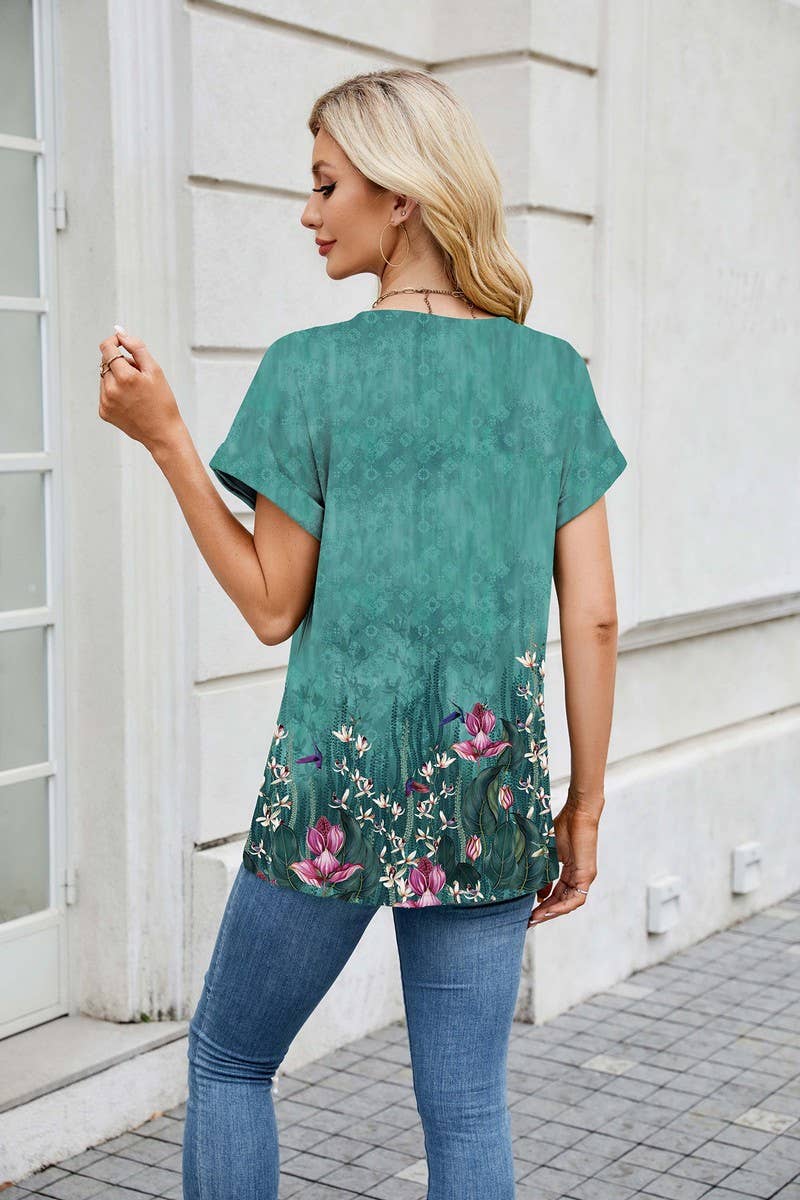 CWTBLS1742_PRINTED CREW NECK LOOSE SHORT SLEEVE T-SHIRT TOP