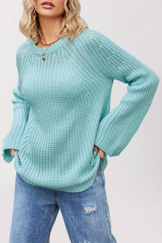 CWOSWL6853_ROUND NECK TRUMPET SLEEVE SOLID COLOR SWEATER