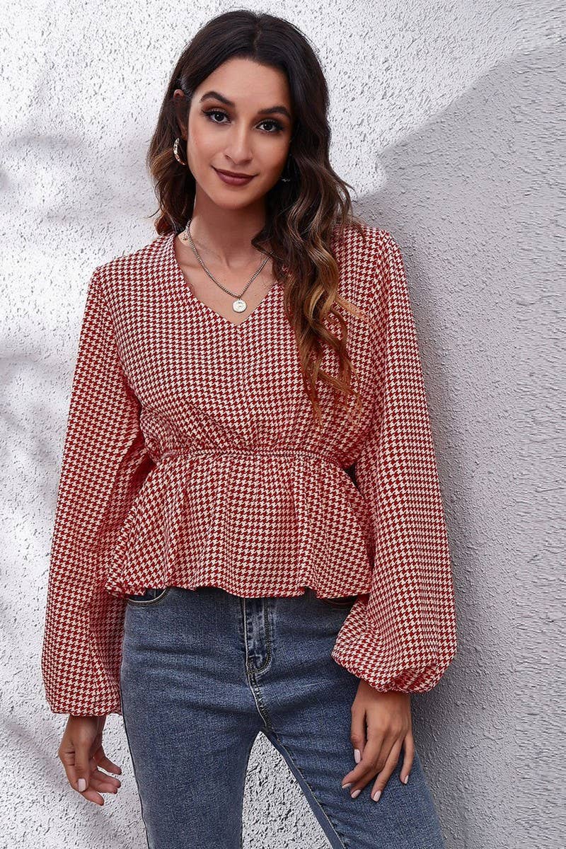 CWTBLL0707_V-Neck Long Sleeve Print Blouse