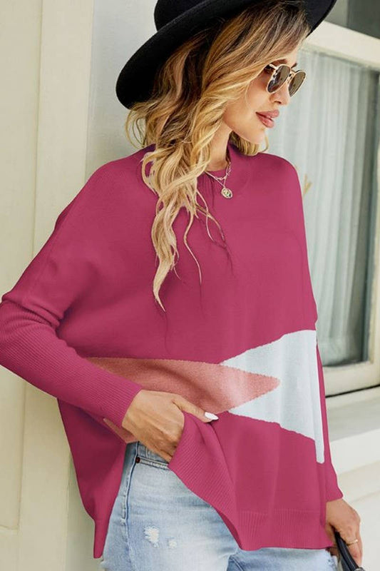 CWOSWL2677_LOOSE BATWING SLEEVE CONTRAST COLOR KNIT TOP