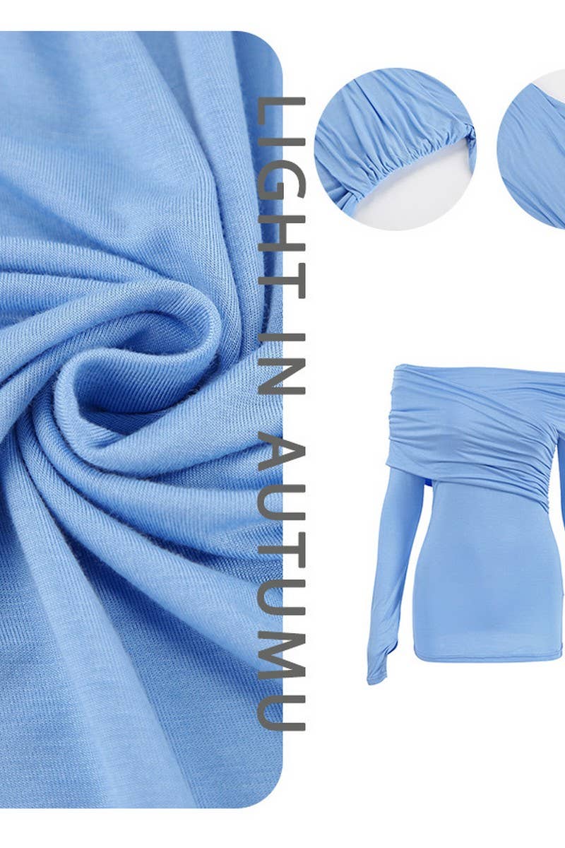 CWTBLL00584_BOAT NECK PLEATED SOLID COLOR LONG-SLEEVED TOP