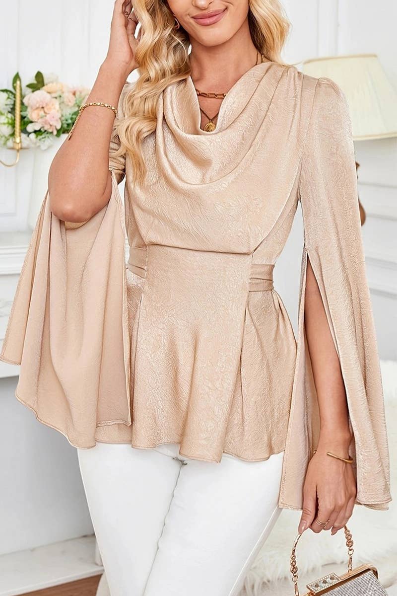 CWTSTL2812_DRAPED WAIST TIE-WAIST FITTED LONG SLEEVE TOP