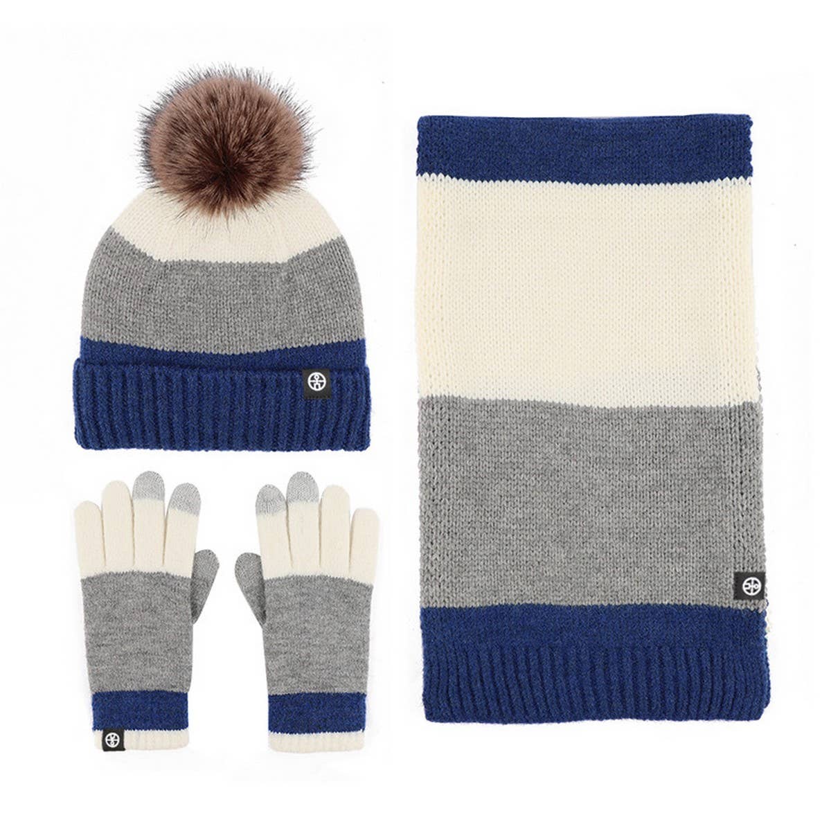 WINTER KNITTED CONTRAST POM POM THREE PIECE SUIT