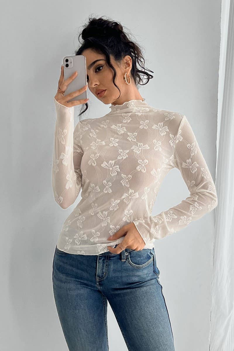 CWTBLL3922_BUTTERFLY JACQUARD MESH MOCK NECK SLIM FIT TEE