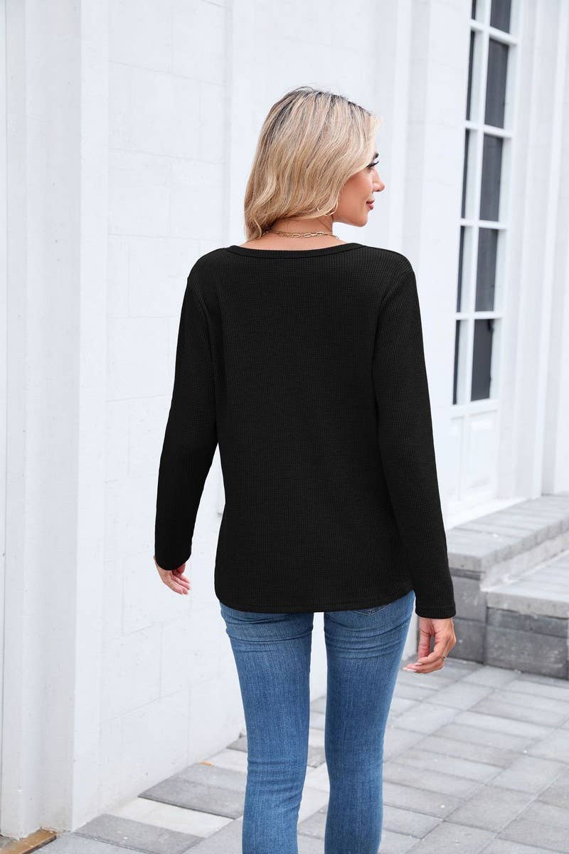 CWTBLL01294_V-NECK WAFFLE LONG-SLEEVED LOOSE T-SHIRT TOP
