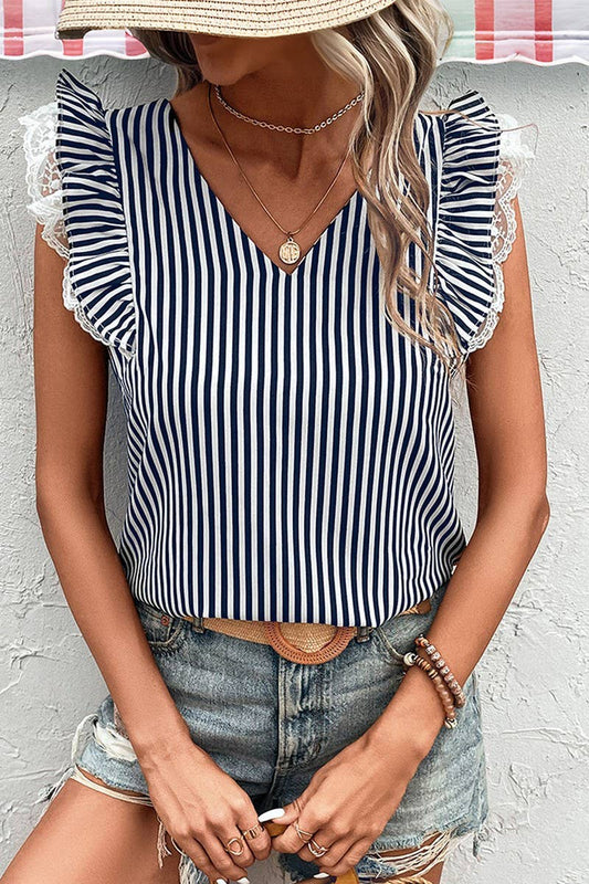 CWTBLS0972_V-NECK FLYING SLEEVE STRIPED SHIRT